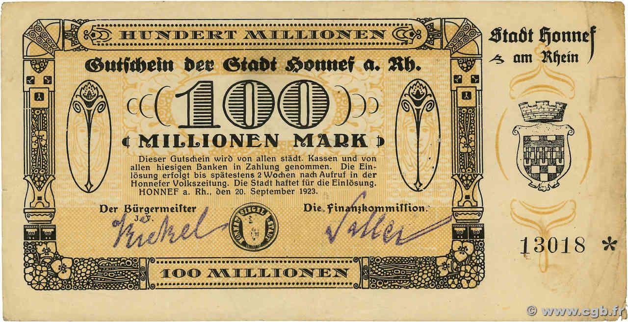 100 Millionen  Mark ALLEMAGNE Honnef 1923 P.-- TTB