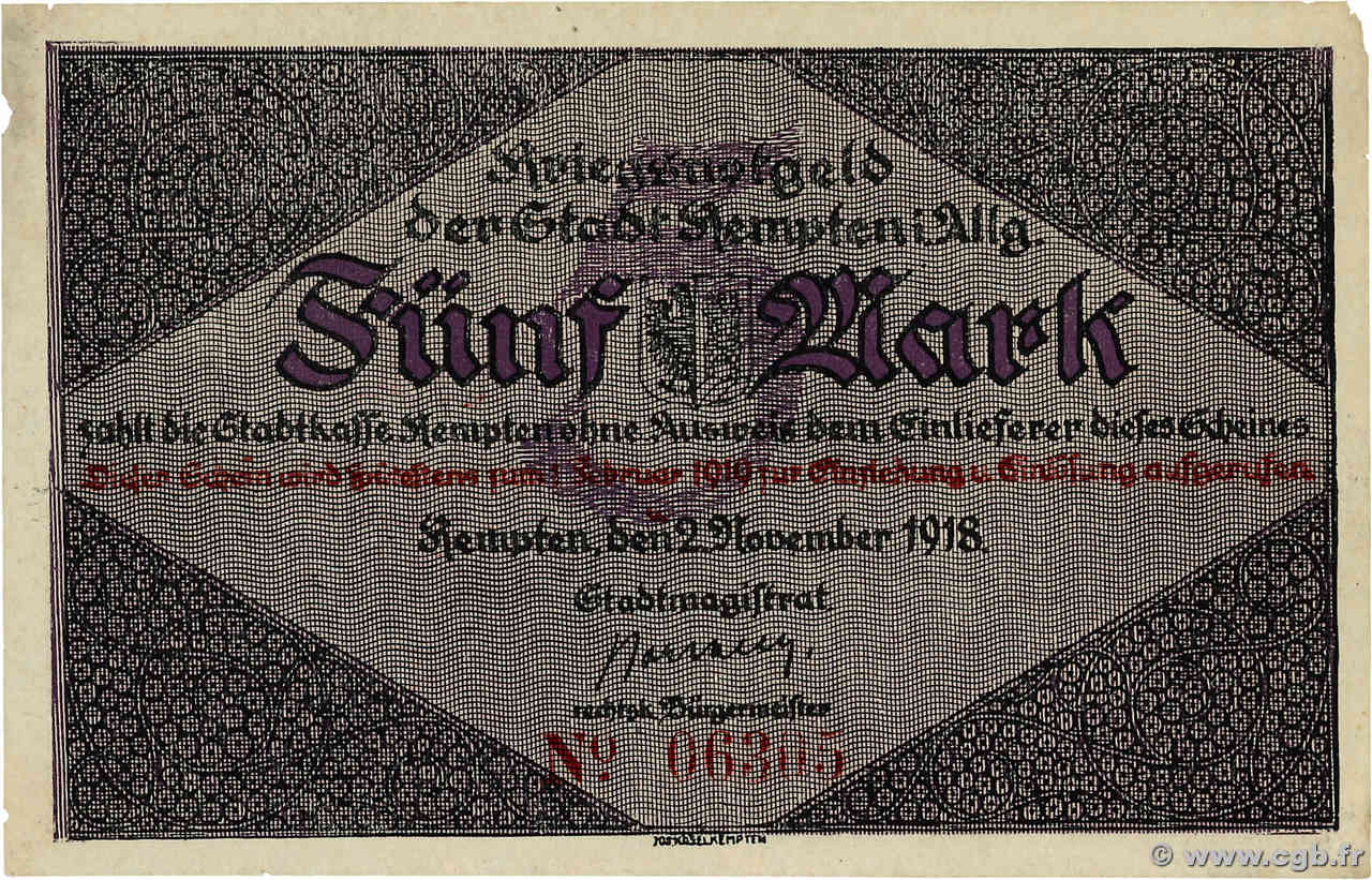 5 Mark GERMANIA Kempten 1918 P.- SPL+