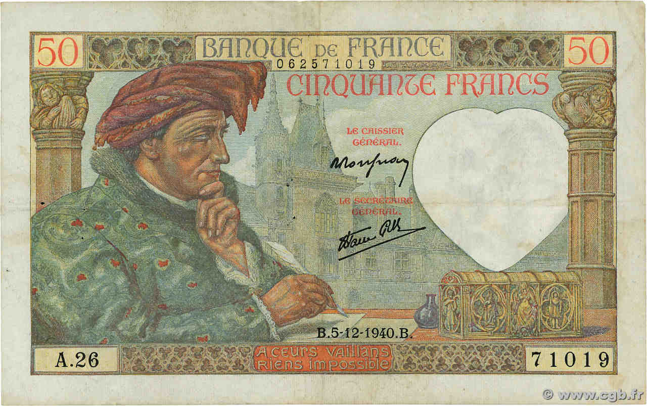 50 Francs JACQUES CŒUR FRANCE  1940 F.19.04 VF-