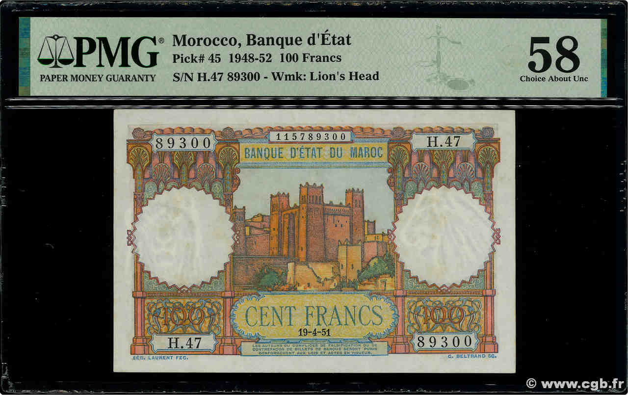 100 Francs MAROC  1951 P.45 SPL