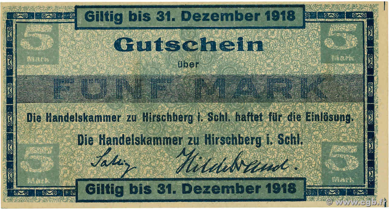 5 Mark ALLEMAGNE Hirschberg  1918 P.- SUP+