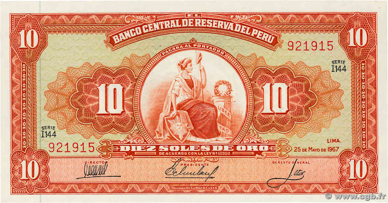 10 Soles de Oro PÉROU  1967 P.084a NEUF