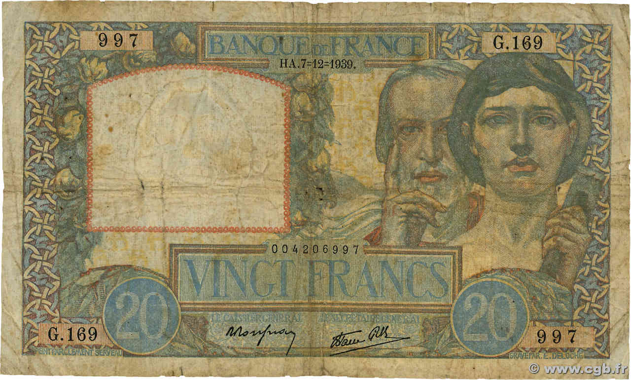 20 Francs TRAVAIL ET SCIENCE FRANCIA  1939 F.12.01 RC