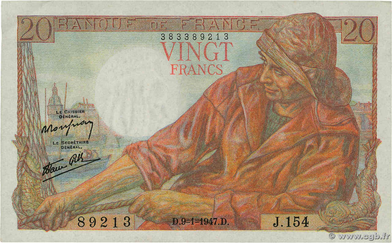 20 Francs PÊCHEUR FRANKREICH  1947 F.13.11 VZ