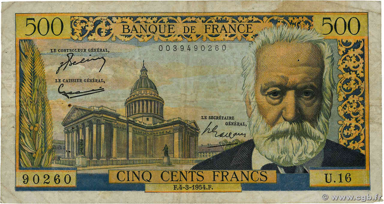 500 Francs VICTOR HUGO FRANCIA  1954 F.35.02 BC