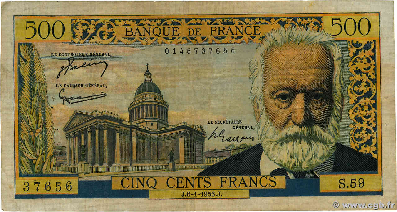 500 Francs VICTOR HUGO FRANCE  1955 F.35.04 pr.TB