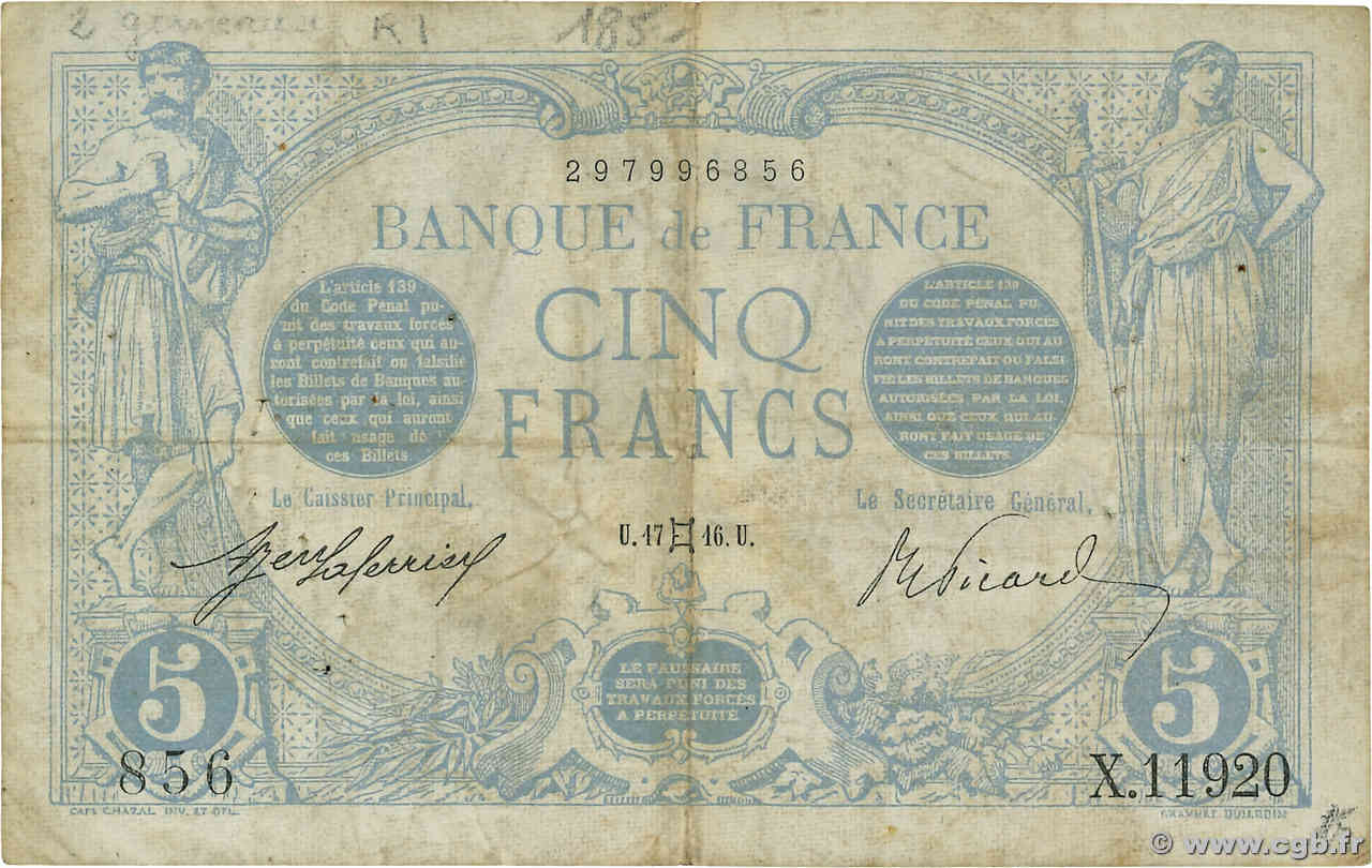 5 Francs BLEU FRANCIA  1916 F.02.39 BC