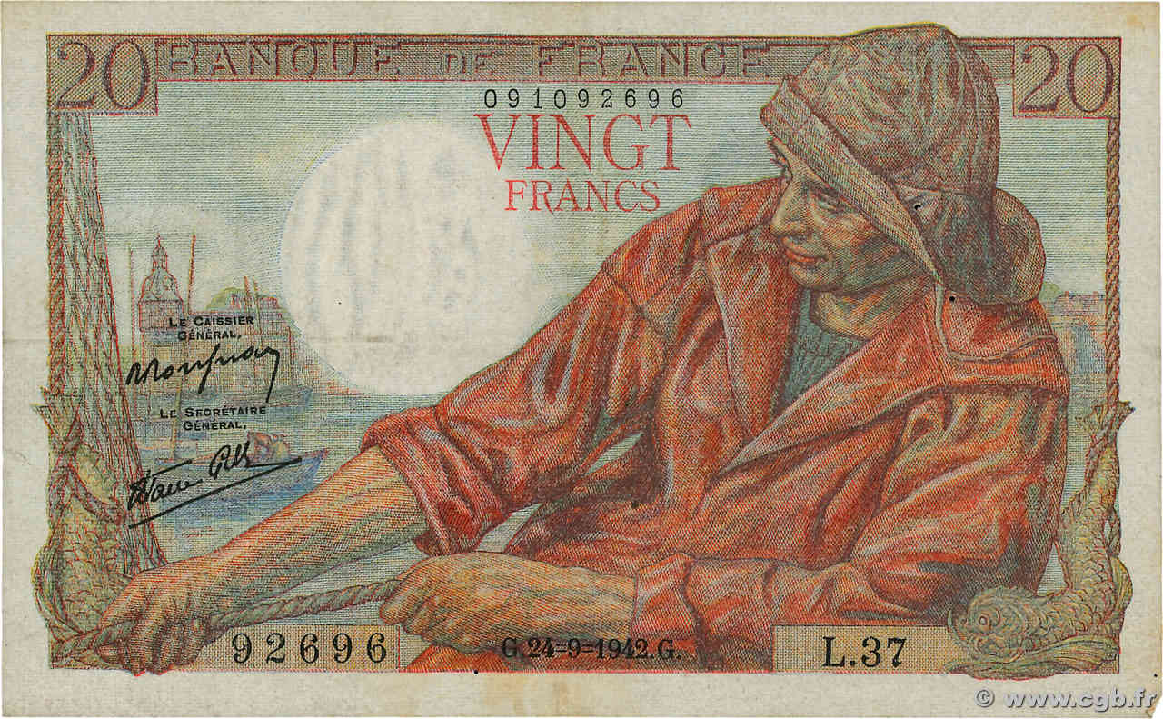 20 Francs PÊCHEUR FRANKREICH  1942 F.13.03 fSS