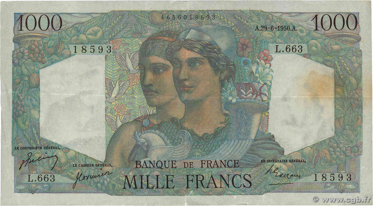 1000 Francs MINERVE ET HERCULE FRANCE  1950 F.41.33 TTB