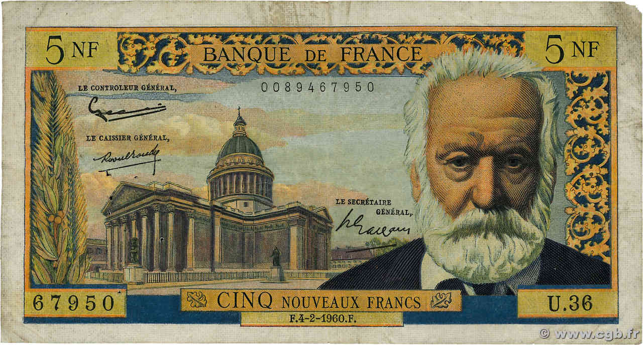 5 Nouveaux Francs VICTOR HUGO FRANCIA  1960 F.56.05 RC+