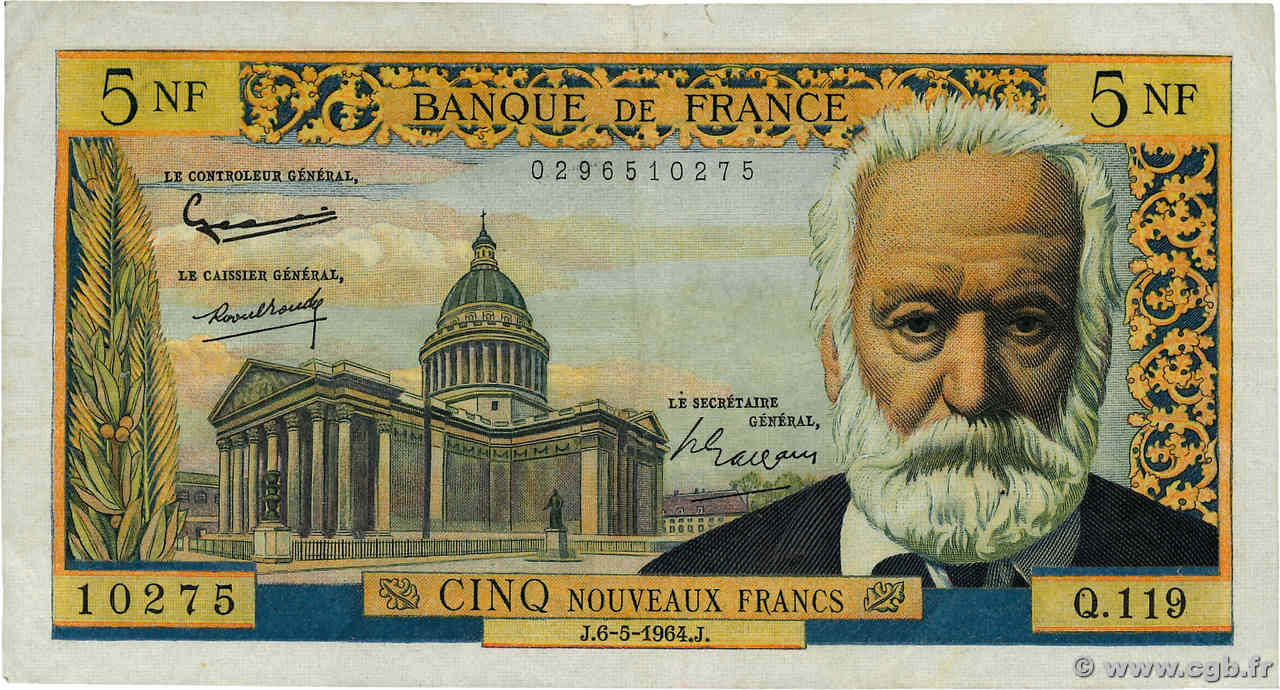 5 Nouveaux Francs VICTOR HUGO FRANCE  1964 F.56.15 VF-