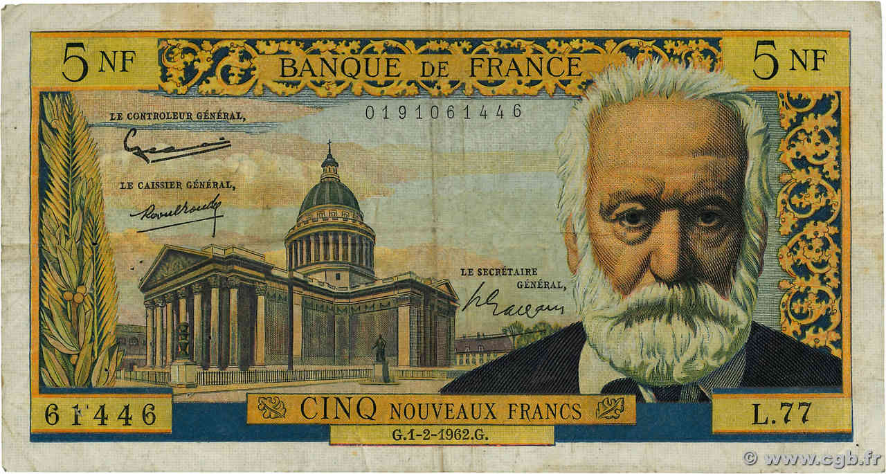 5 Nouveaux Francs VICTOR HUGO FRANKREICH  1962 F.56.10 S