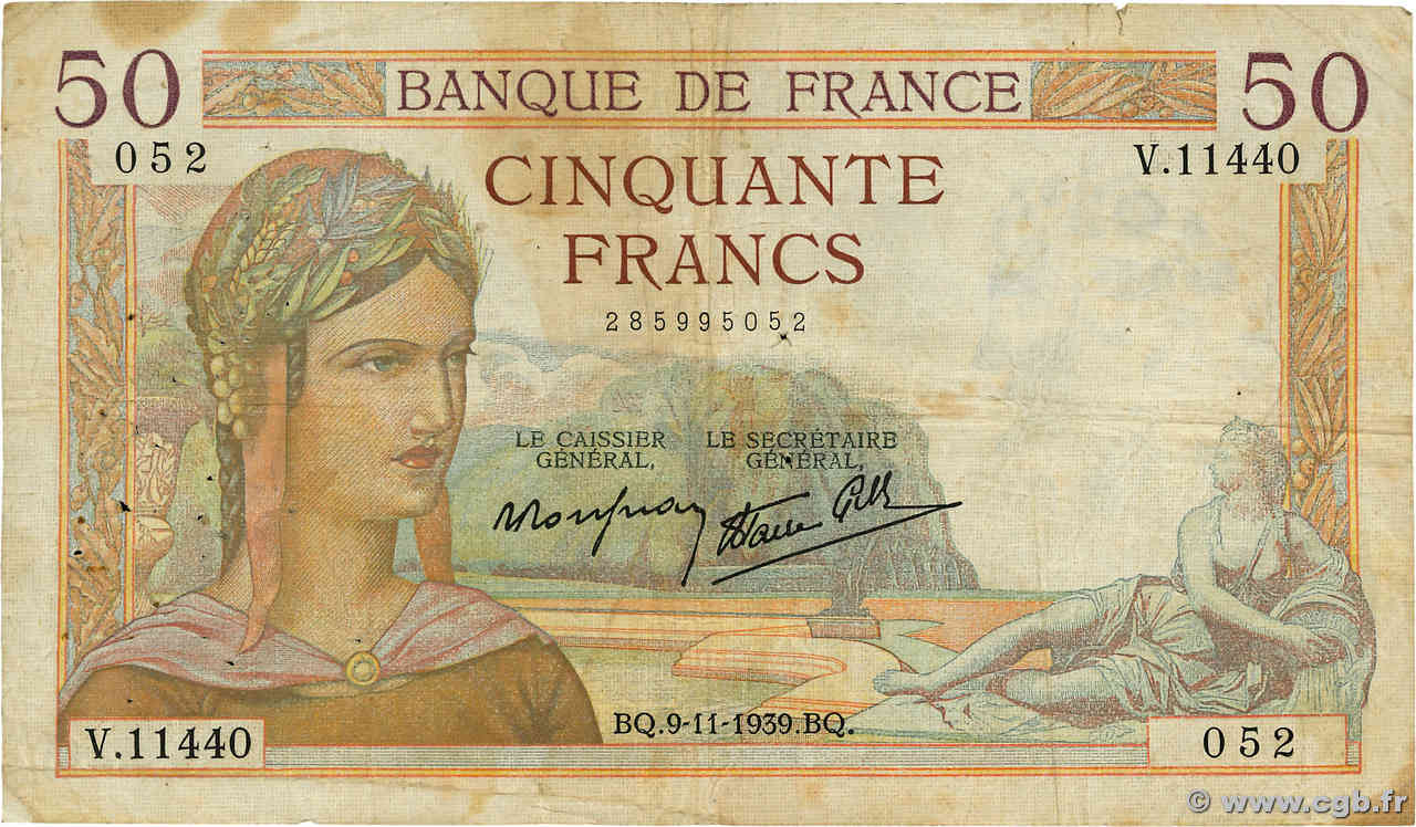 50 Francs CÉRÈS modifié FRANKREICH  1939 F.18.34 SGE