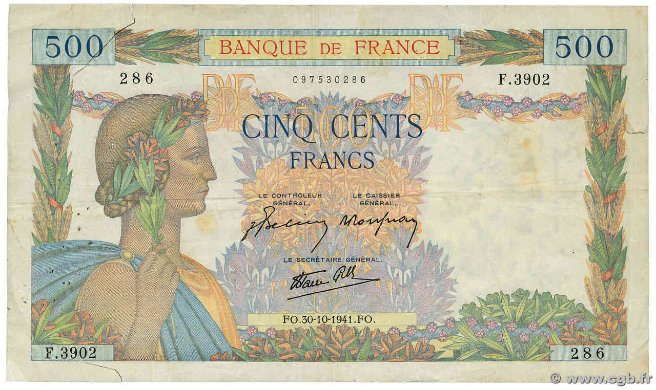 500 Francs LA PAIX FRANCE  1941 F.32.23 VG