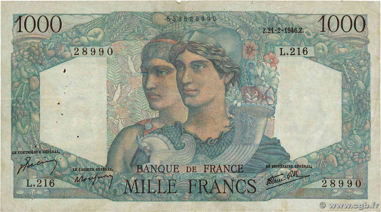 1000 Francs MINERVE ET HERCULE FRANCE  1946 F.41.16 F