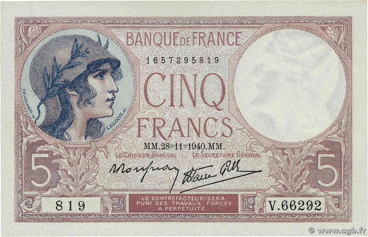 5 Francs FEMME CASQUÉE modifié FRANCE  1940 F.04.15 UNC-