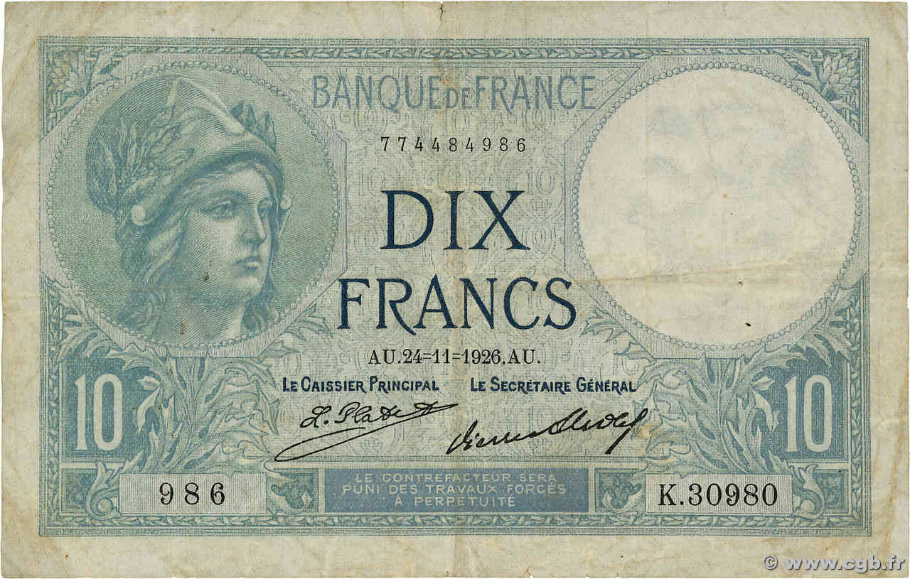 10 Francs MINERVE FRANCE  1926 F.06.11a TB