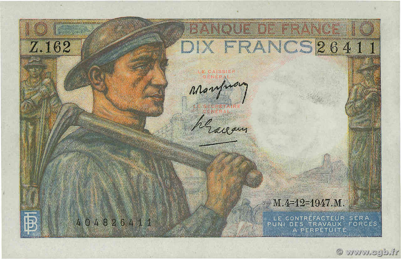 10 Francs MINEUR FRANKREICH  1947 F.08.19 VZ