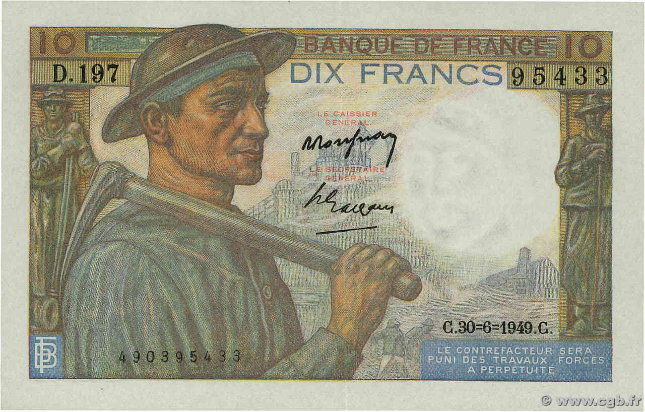 10 Francs MINEUR FRANKREICH  1949 F.08.22 VZ