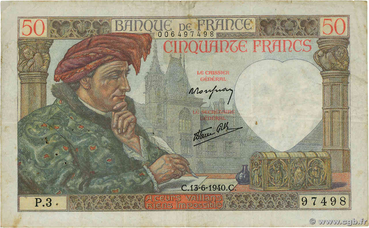 50 Francs JACQUES CŒUR FRANCIA  1940 F.19.01 BC