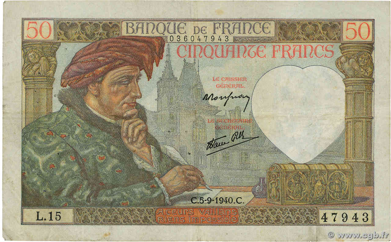 50 Francs JACQUES CŒUR FRANKREICH  1940 F.19.02 S