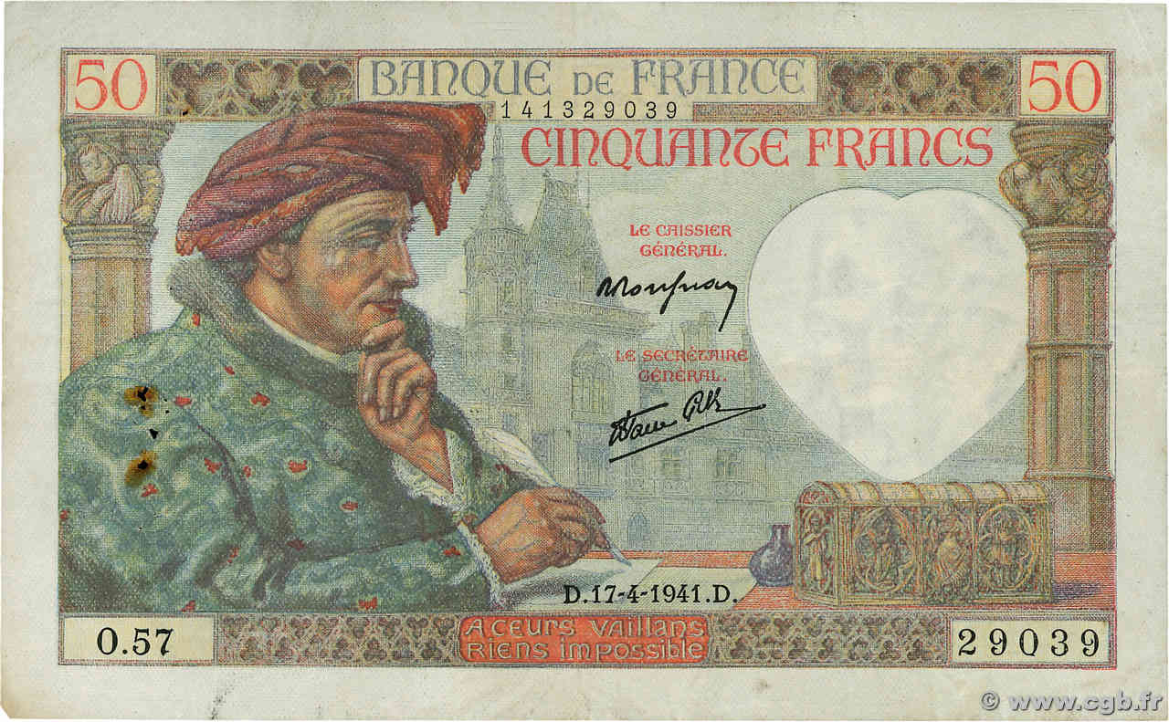 50 Francs JACQUES CŒUR FRANCE  1941 F.19.08 F+