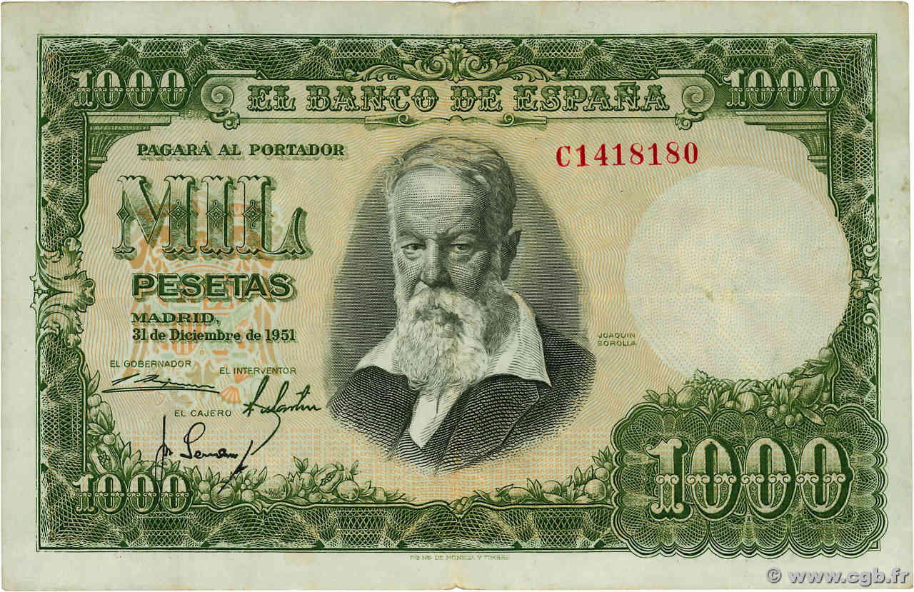 1000 Pesetas ESPAGNE  1951 P.143a TB+