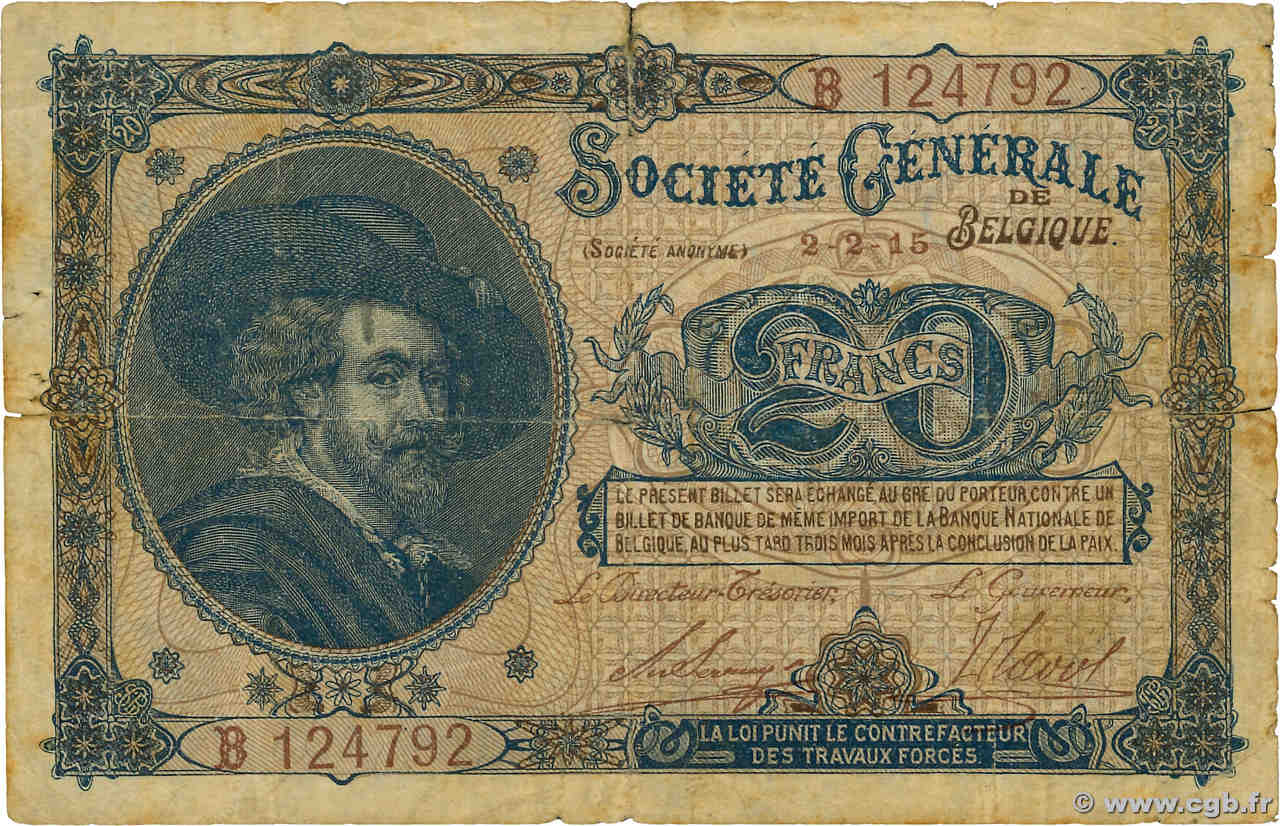 20 Francs BELGIQUE  1915 P.089 B+