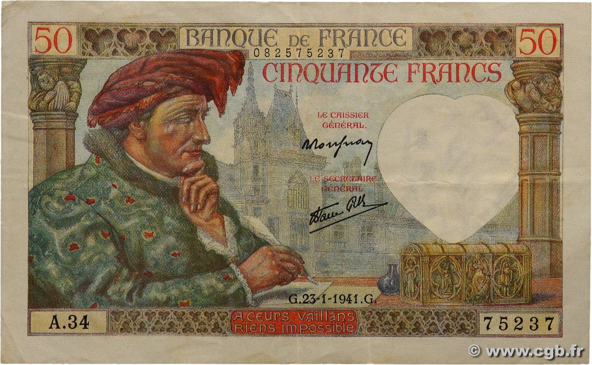 50 Francs JACQUES CŒUR FRANCE  1941 F.19.05 VF