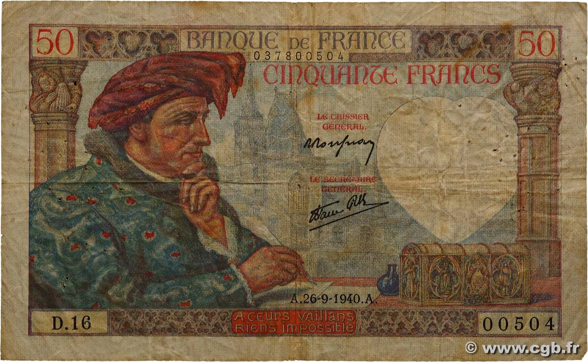 50 Francs JACQUES CŒUR FRANCE  1940 F.19.03 TB