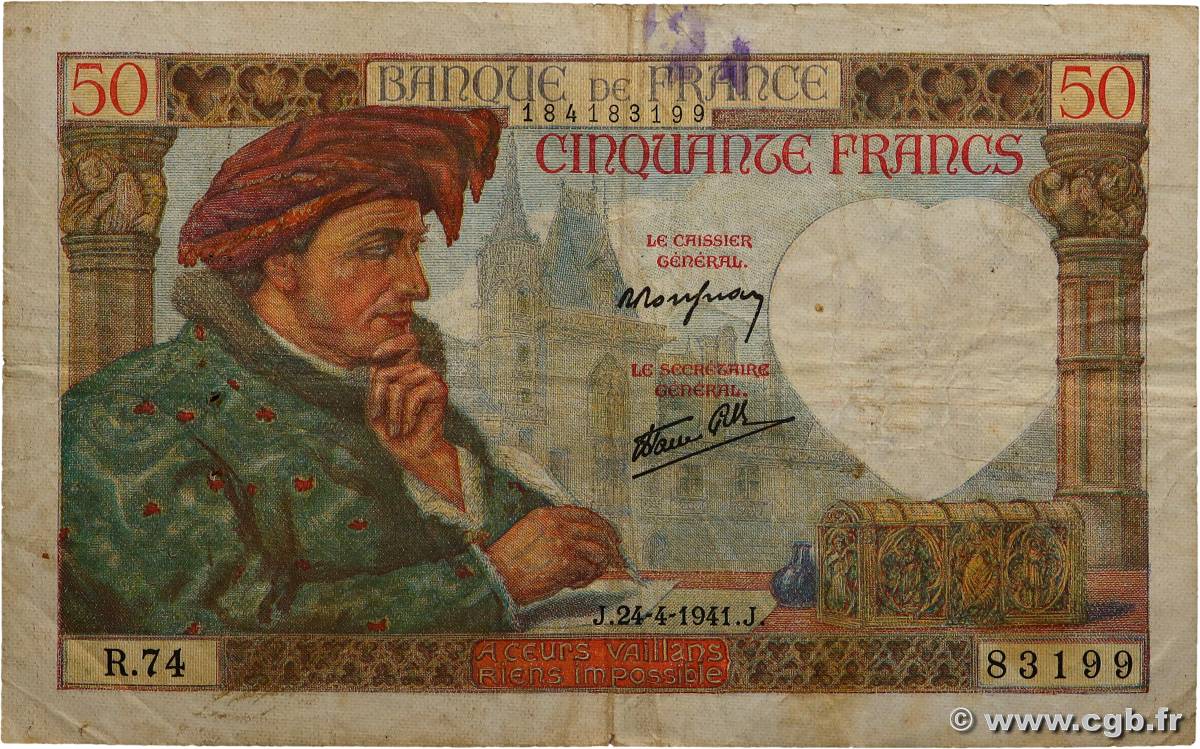 50 Francs JACQUES CŒUR FRANCE  1941 F.19.09 F