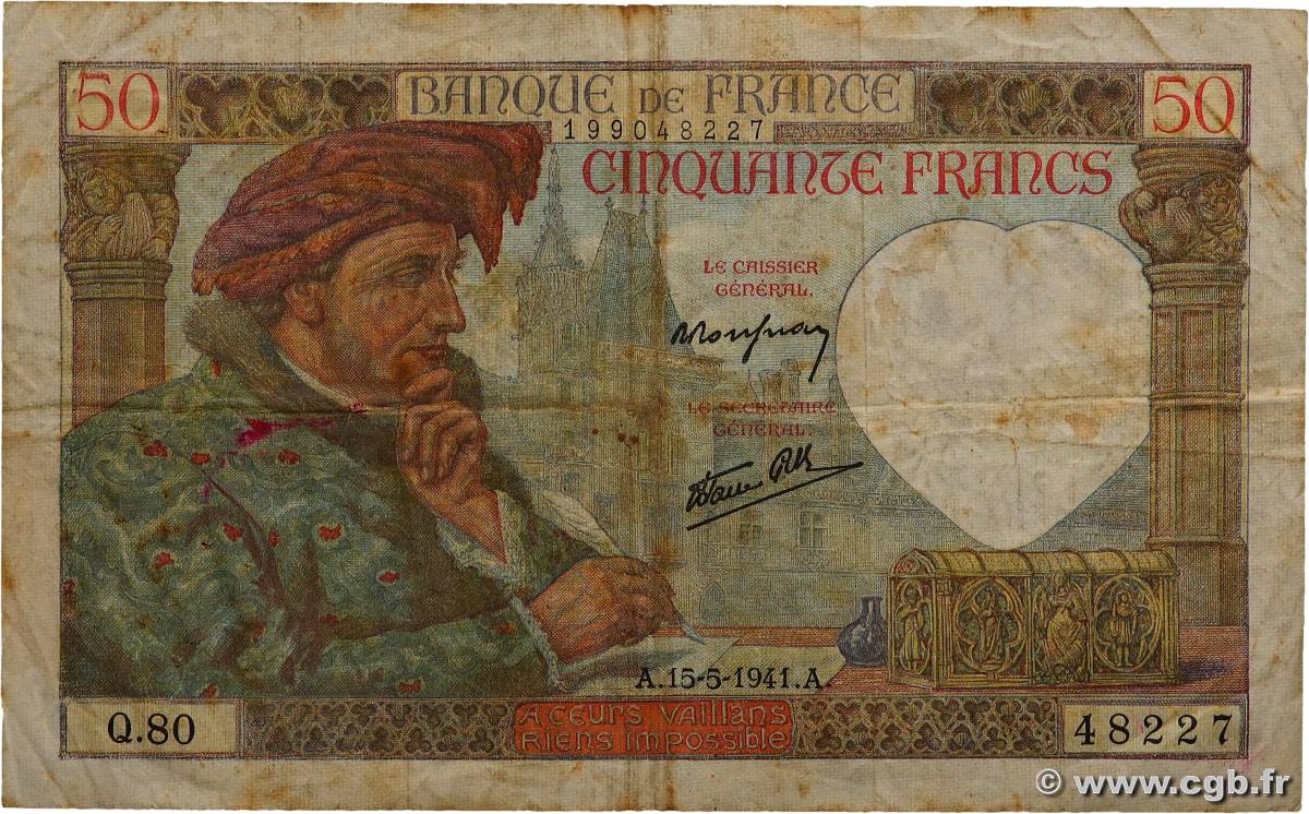 50 Francs JACQUES CŒUR FRANKREICH  1941 F.19.11 S