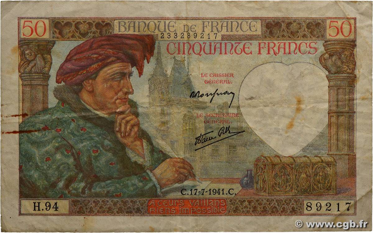 50 Francs JACQUES CŒUR FRANCE  1941 F.19.12 TB+