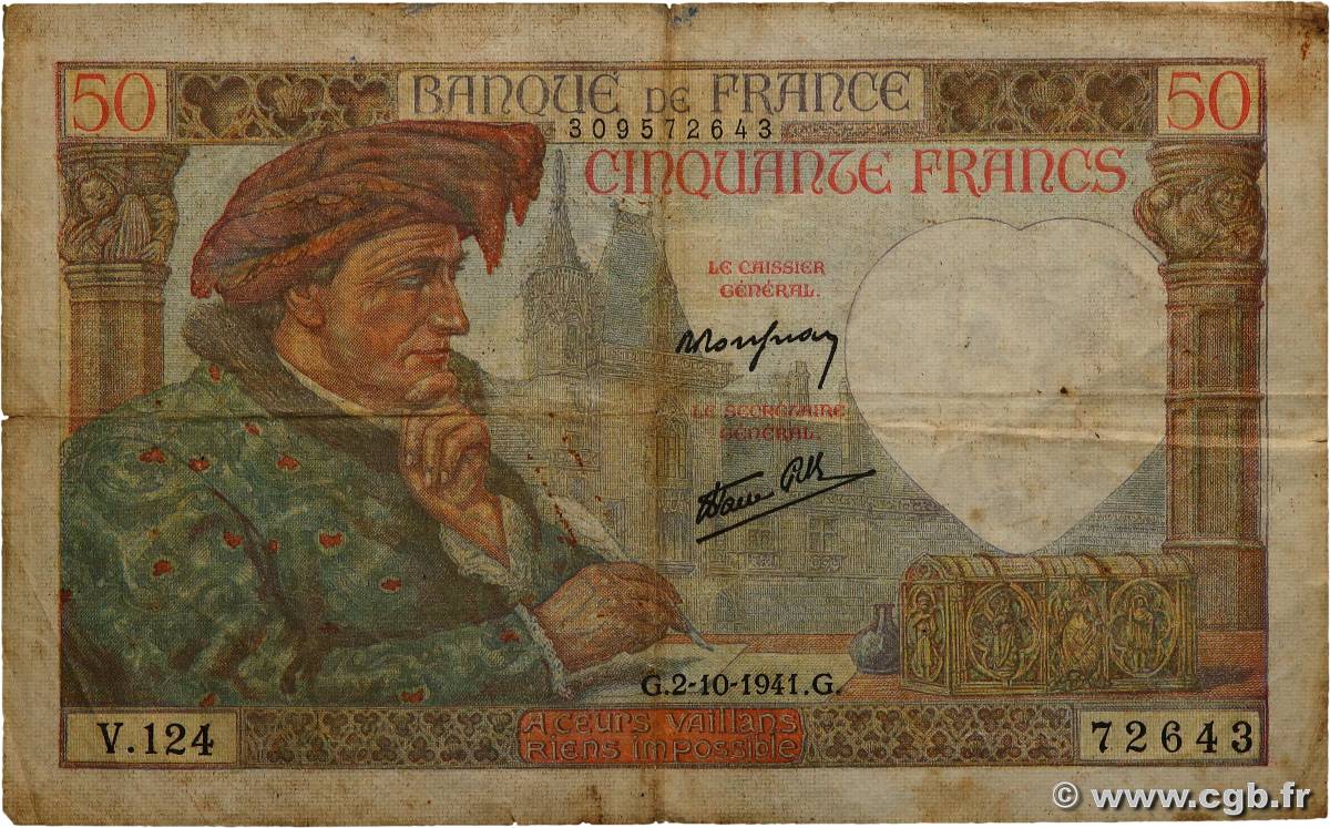 50 Francs JACQUES CŒUR FRANCE  1941 F.19.15 pr.TB