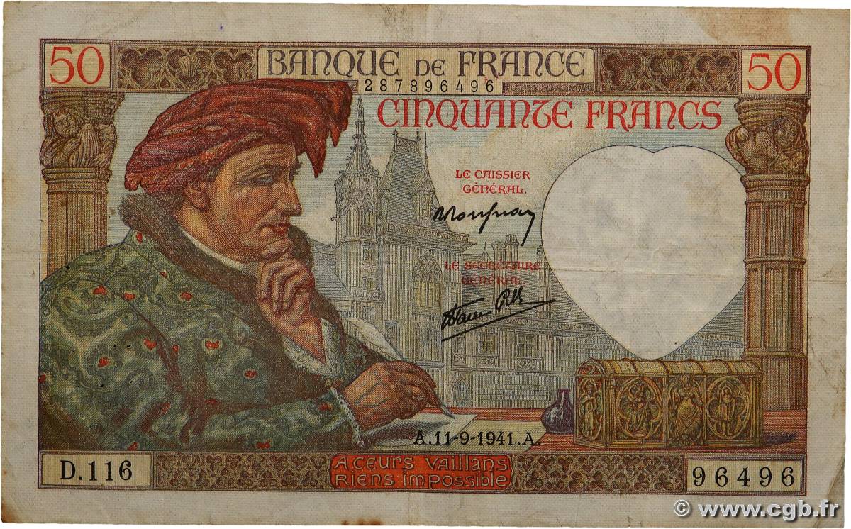 50 Francs JACQUES CŒUR Numéro spécial FRANCE  1941 F.19.14 TB+