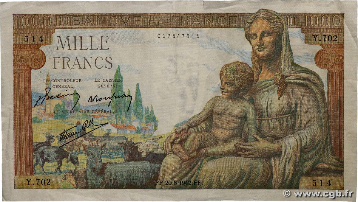 1000 Francs DÉESSE DÉMÉTER FRANCE  1942 F.40.03 VF