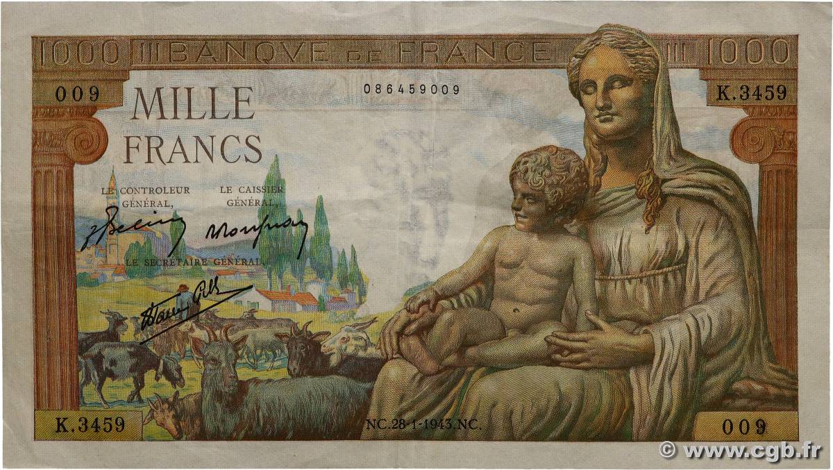 1000 Francs DÉESSE DÉMÉTER FRANCE  1943 F.40.17 TTB