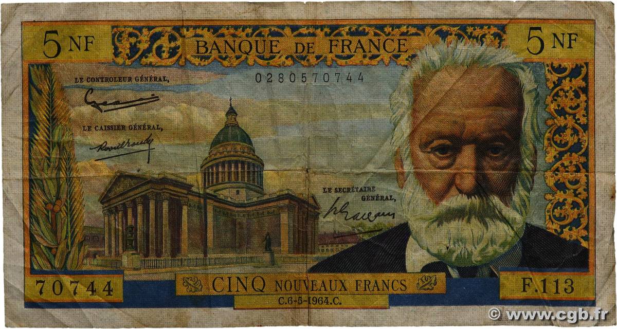 5 Nouveaux Francs VICTOR HUGO FRANCIA  1964 F.56.15 RC+