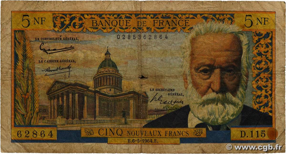 5 Nouveaux Francs VICTOR HUGO FRANCE  1964 F.56.15 pr.B