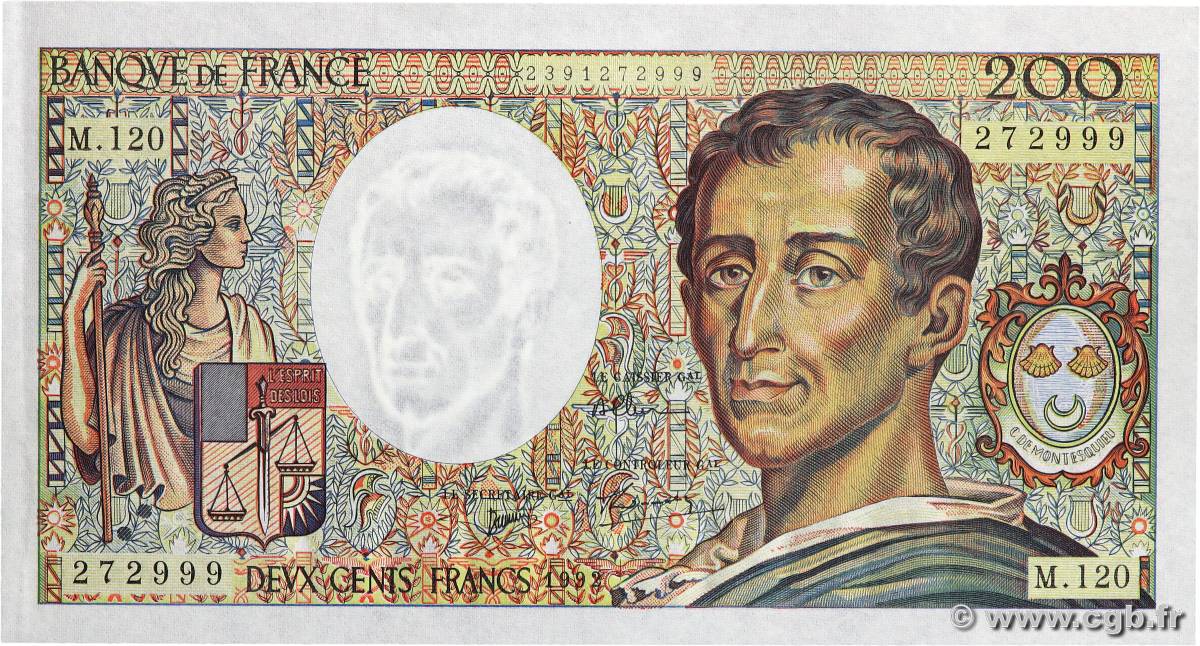 200 Francs MONTESQUIEU FRANCE  1992 F.70.12b AU-