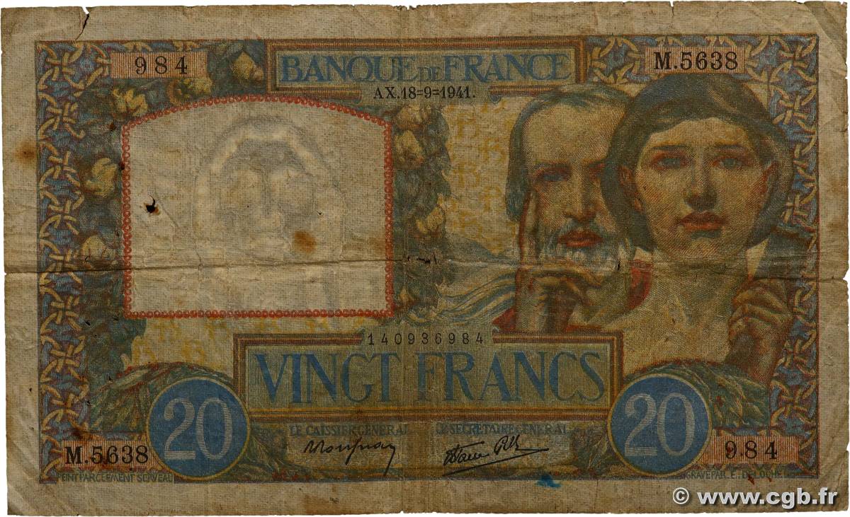 20 Francs TRAVAIL ET SCIENCE FRANCE  1941 F.12.18 G