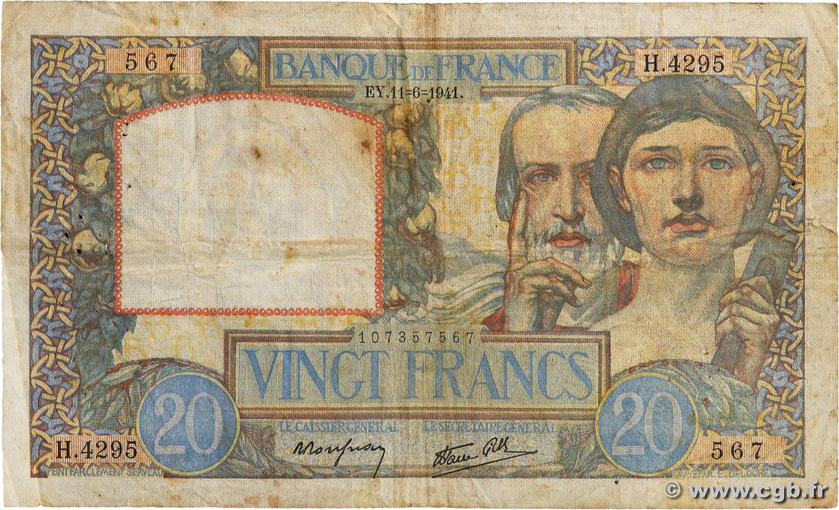 20 Francs TRAVAIL ET SCIENCE FRANCE  1941 F.12.15 TB