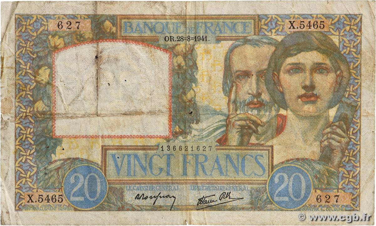 20 Francs TRAVAIL ET SCIENCE FRANCE  1941 F.12.17 F-