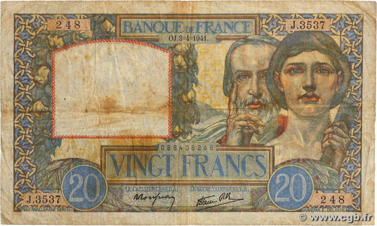 20 Francs TRAVAIL ET SCIENCE FRANCE  1941 F.12.13 F-