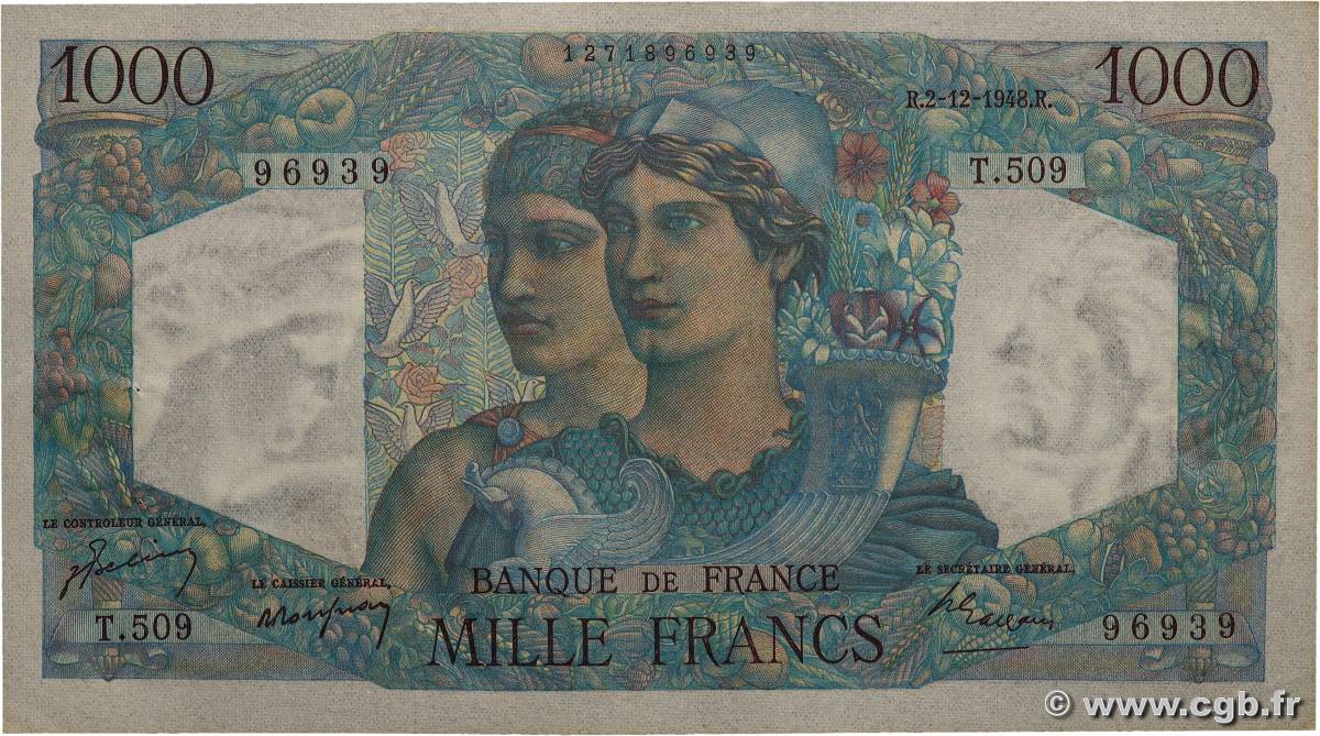 1000 Francs MINERVE ET HERCULE FRANCE  1948 F.41.24 SUP+
