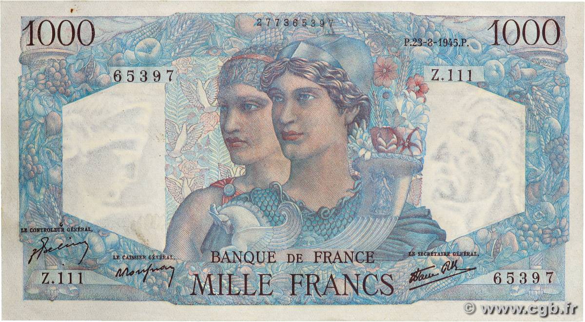 1000 Francs MINERVE ET HERCULE FRANCE  1945 F.41.07 SUP+