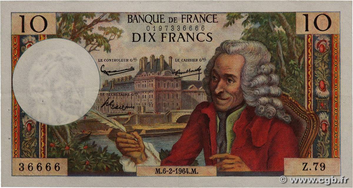 10 Francs VOLTAIRE FRANCE  1964 F.62.08 pr.SUP