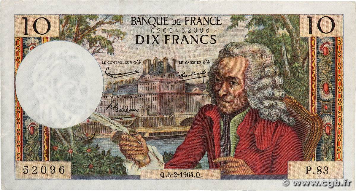 10 Francs VOLTAIRE FRANKREICH  1964 F.62.08 fVZ