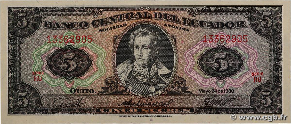 5 Sucres ECUADOR  1980 P.113c UNC