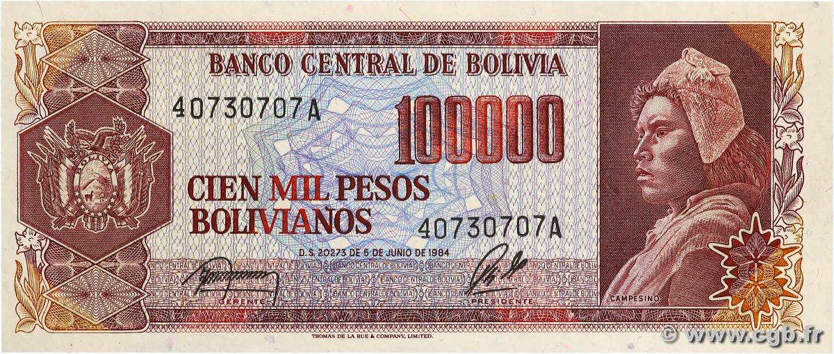 100000 Pesos Bolivianos BOLIVIE  1984 P.171a NEUF